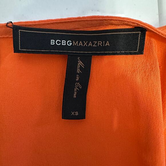BCBG MAXAZRIA Silk Blouse WMNS XS Orange V-Neck Split Flutter Sleeve Lightweight - Picture 5 of 7